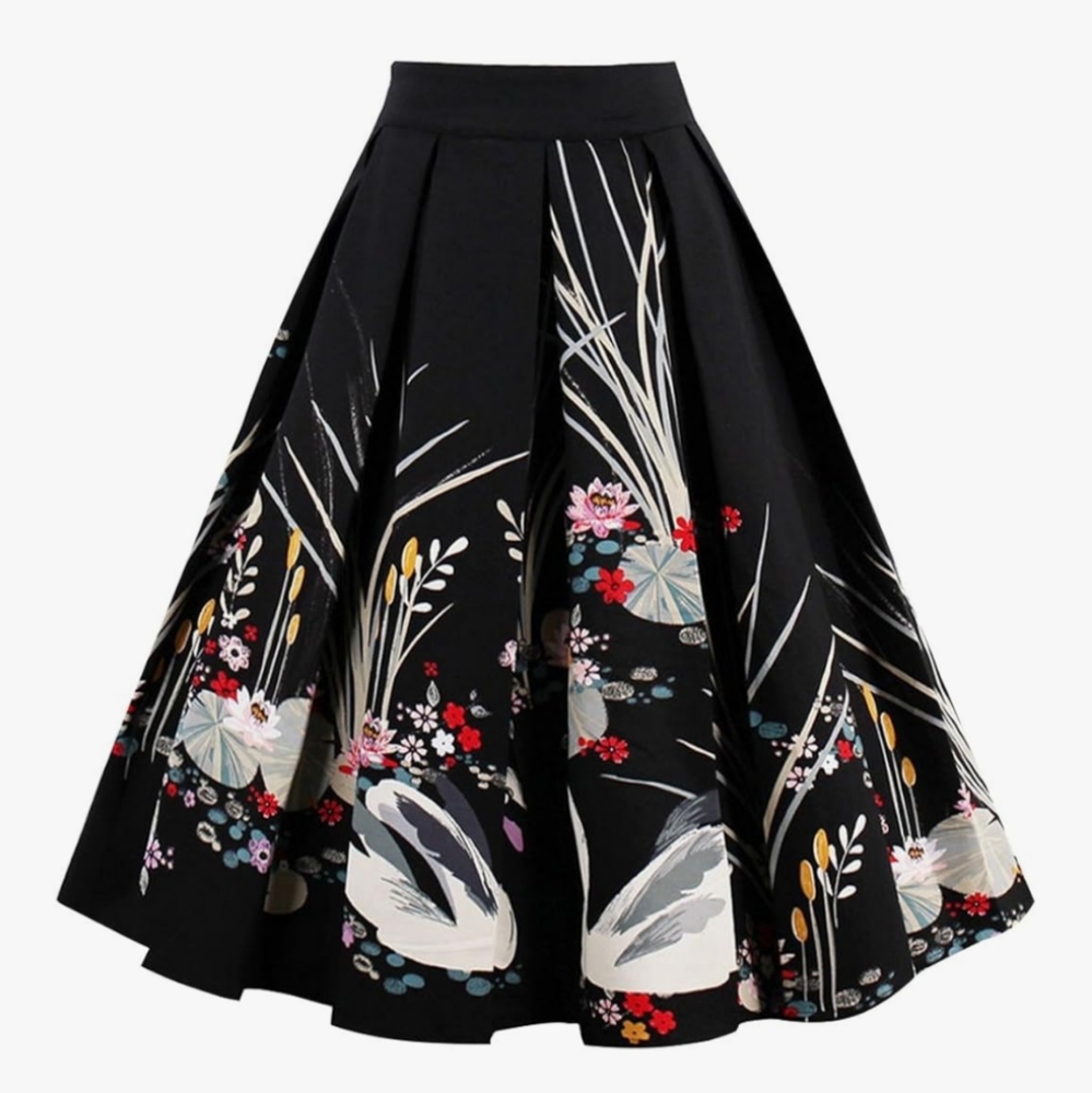 Black and White Pleated A-Line Midi Skirt
